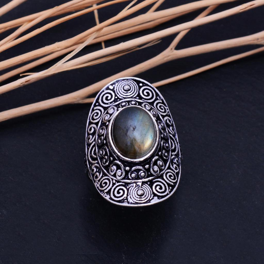 Natural Labradorite Gemstone Handmade 925 Sterling Silver Ring Size 6 O9R03