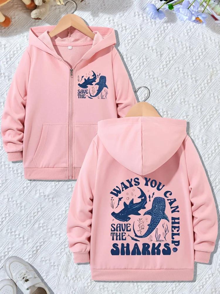 Детская толстовка с капюшоном на молнии Save The Shark с принтом 'Океанские буквы' с длинным рукавом, повседневная толстовка для мальчиков и девочек, для повседневной носки на улице