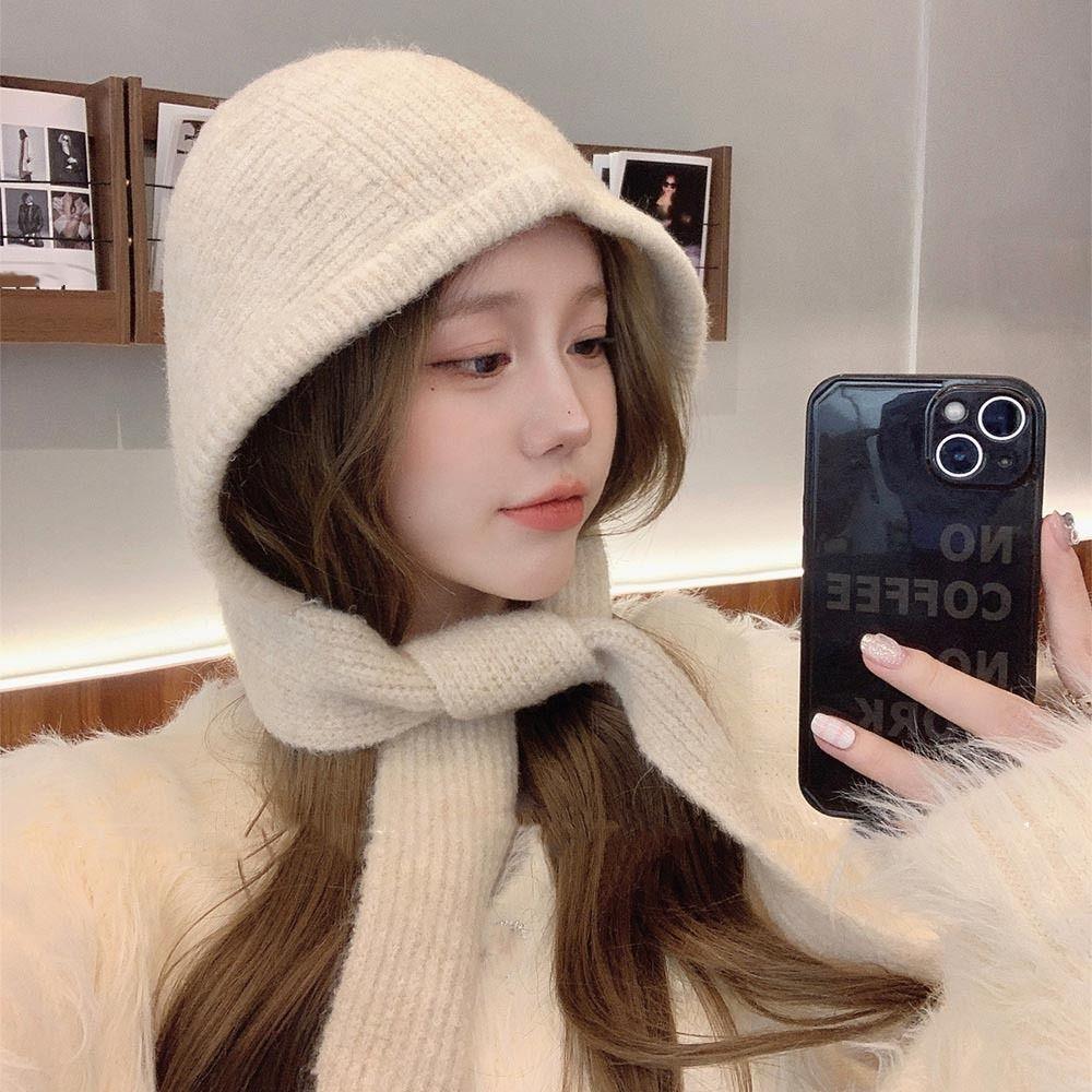 Korean Style Balaclava Skullies Caps Soft Scarf Hat Vintage Coldproof Hooded Caps  Women