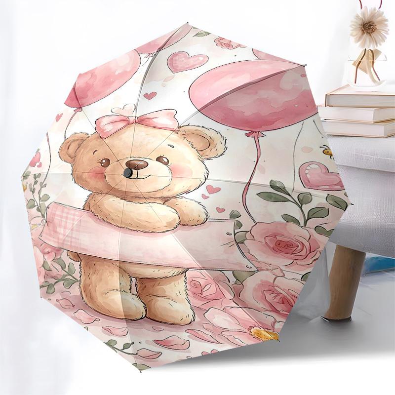 1PC Teddy Bear Pink Umbrella-8-Rib Reinforced, Automatic Open, Lightweight & Durable, Fashion Accessory for Outdoor, Beach L0418