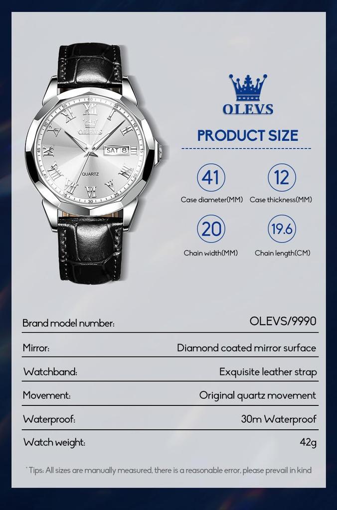 OLEVS водонепроницаемые кожаные деловые часы для популярных прохладных кварцевых часов с серебряным циферблатом для устойчивой к давлению руки, удобные повседневные мужские часы, черные, часы,
