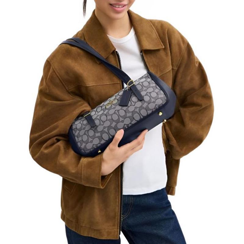 COACH Asher 34 Classic Printed Silver Hardware Signature Jacquard and Smooth Leather Shoulder Bag Large Women's Blue and Gray