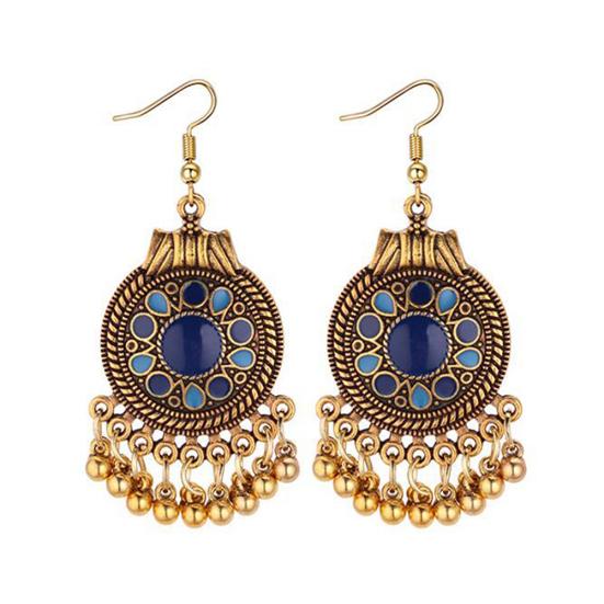 Women Ethnic Tassel Disc Flower Bead Pendant Long Dangle Hook Earring Jewelry