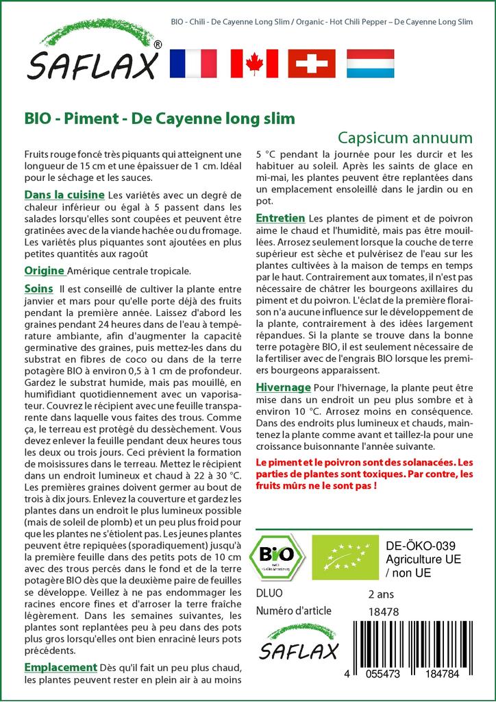 SAFLAX Garden in the Bag - Органический - Острый перец чили - De Cayenne Long Slim - 10 семян - С субстратом в подходящем пакете - Capsicum annuum
