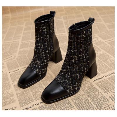 Мода 2024 Зима Новые Тупой носок Маленький ароматный стиль Сборка Боковая молния Универсальные Удобные и Теплые Ботильоны для Женщин