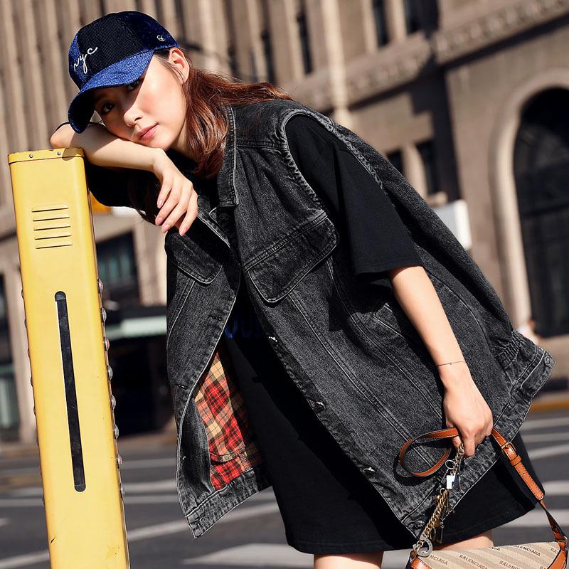 Весенне-осенний новый корейский модный женский джинсовый жилет средней длины, тонкий топ без рукавов