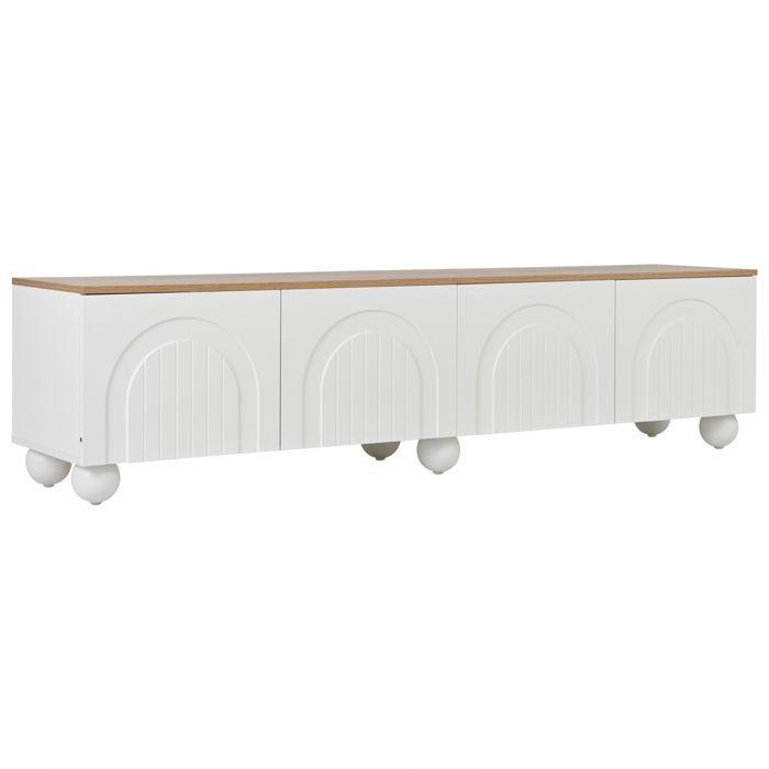 Meuble TV 180 x 40 x 45 cm - 4 portes - 6 pieds métal - MDF - Blanc + Naturel