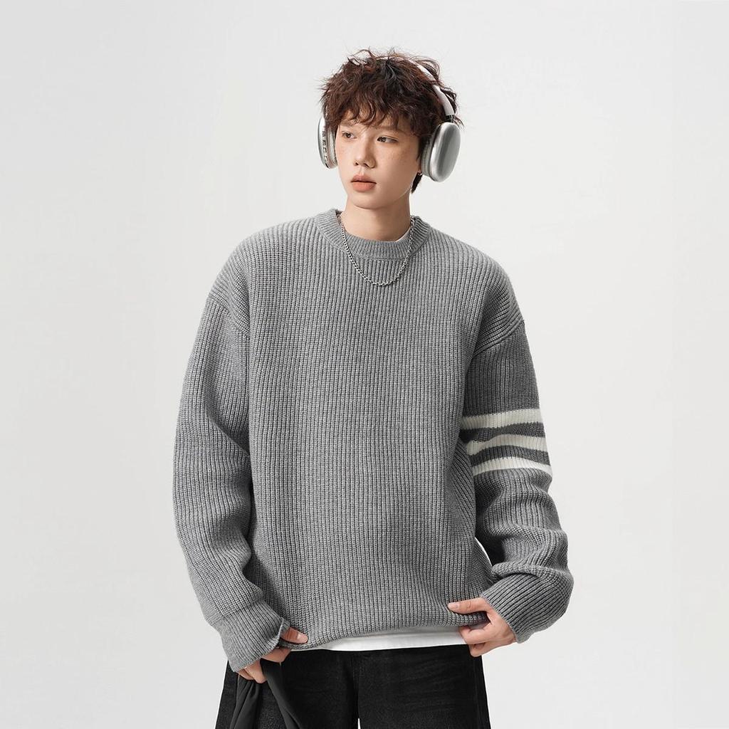 Unisex Striped Casual Knit Sweater - Winter Inner Base Layer, Round Neck
