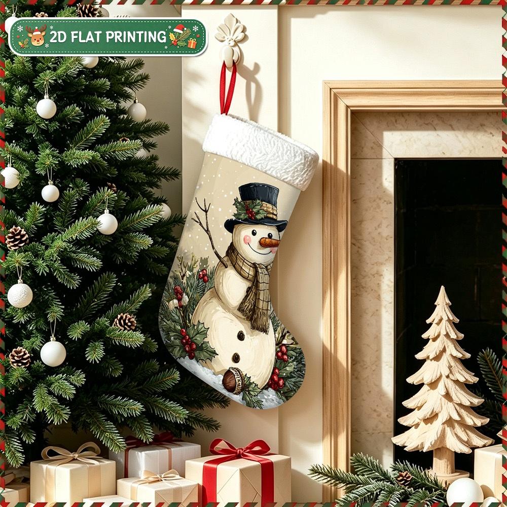 Christmas decoration fireplace hanging stocking 1pc 2D Flat Christmas Snowman with Holly Hat Print Christmas Stocking -