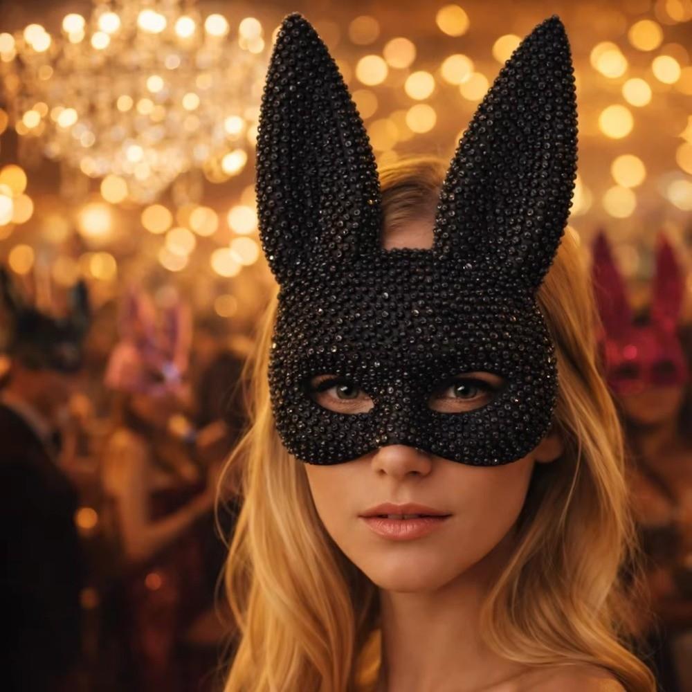 Photo Shoots Rabbit Ear Mask Crystal Studded Rhinestone Face Mask Bunny Half Face Mask  Halloween