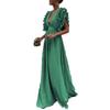 Women Prom Dress Flying Sleeve Ruffles Low-cut Deep V Neck Pleated Dress Up Floor Length High Waist Evening Dress Cocktail Dance Clothes
