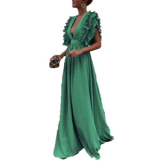 Women Prom Dress Flying Sleeve Ruffles Low-cut Deep V Neck Pleated Dress Up Floor Length High Waist Evening Dress Cocktail Dance Clothes