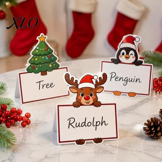 Festive Table Decor Christmas Party Place Card Holders, Cartoon Santa Reindeer Name Tag Stands Seat Markers for Seating, DIY Write-On Decor,