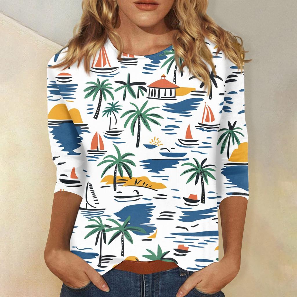 Женская модная повседневная футболка с круглым вырезом и рукавом 3/4, женский топ