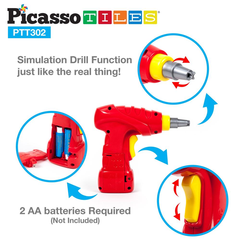 PicassoTiles PTT302 Разборка гоночного автомобиля Набор светодиодных звуковых сигналов двигателя с мини-электрической реверсивной дрелью Шурупы для самостоятельной сборки 30 предметов гоночного автомобиля