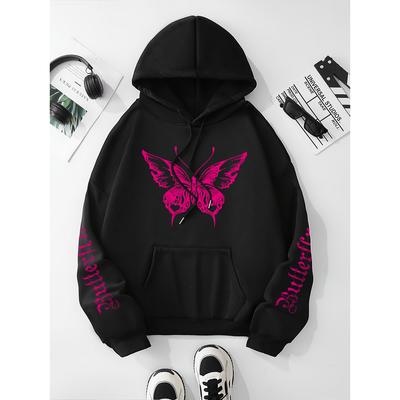 Толстовка с капюшоном и принтом «бабочка и письмо», повседневная толстовка с капюшоном и карманом-кенгуру с длинным рукавом, женская одежда