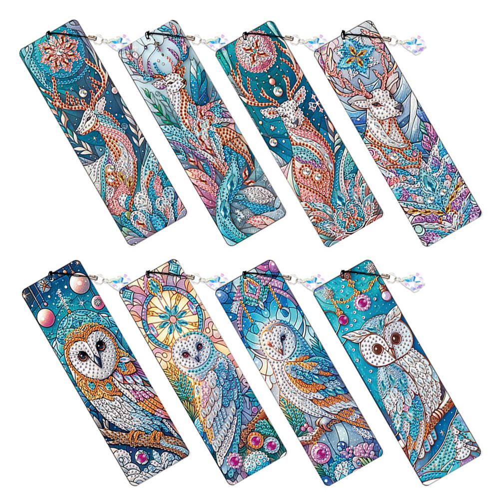 8Pcs Diamond Painting Art Bookmarks Colored Patterns DIY Diamond Painting Bookmark with Crystal Pendants for Reading Enthusiasts