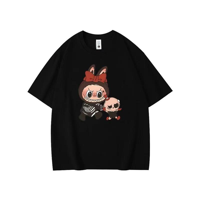 Летний топ с круглым вырезом и принтом с узором Лабубу, модная повседневная женская футболка с коротким рукавом из чистого хлопка