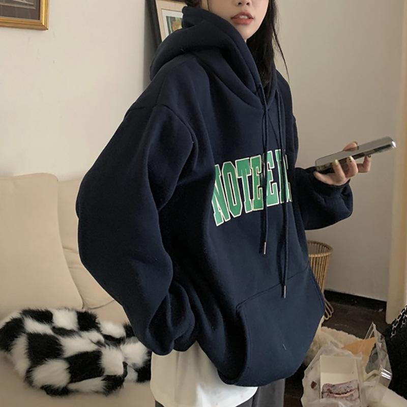 Padded Hooded Sweater Female Autumn and Winter Big Size Printed Fleece Shirt Autumn and Winter Loose Tops Fashion Retro Versatile Sweatshirt