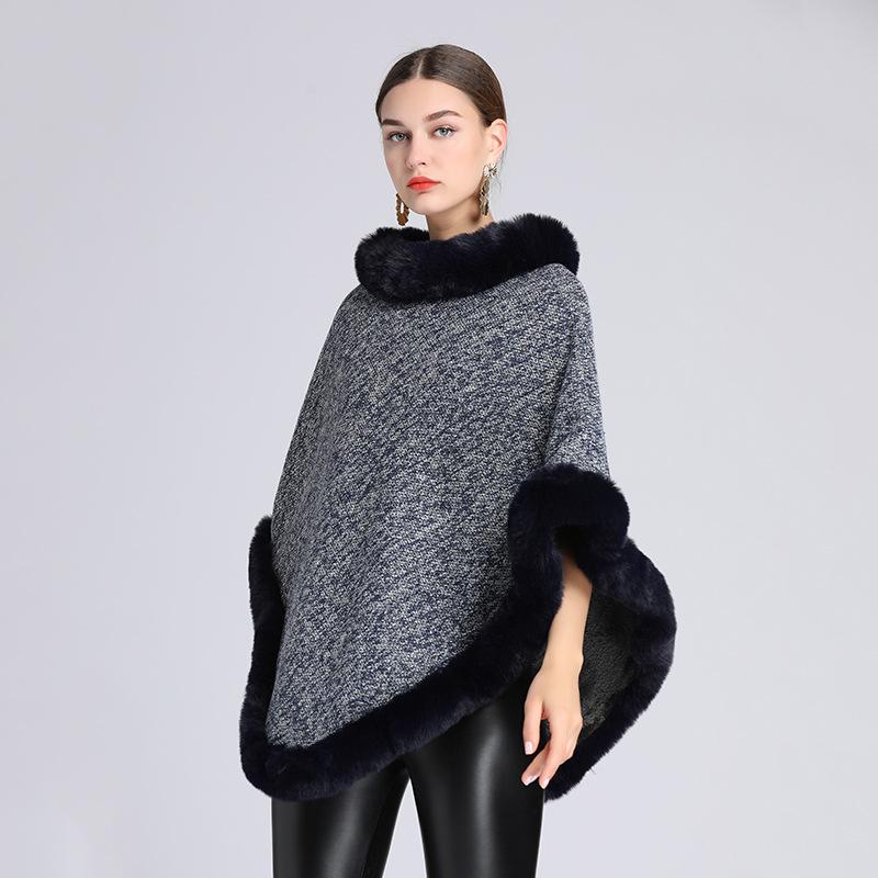 Vintage Knit Faux Fur Trim Poncho Solid-Color Sleeveless Coat Women Winter Thicken Lining Pullover Wraps Cloak Warm Shawl for Female