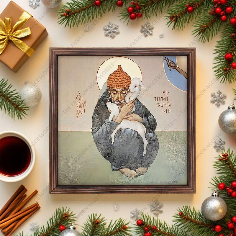 Декоративная роспись православных икон, Освященная икона «Св.. Спиридон Тримифунтский",Картина в рамке,Христианское настенное искусство,20см*20см,Духовный подарок