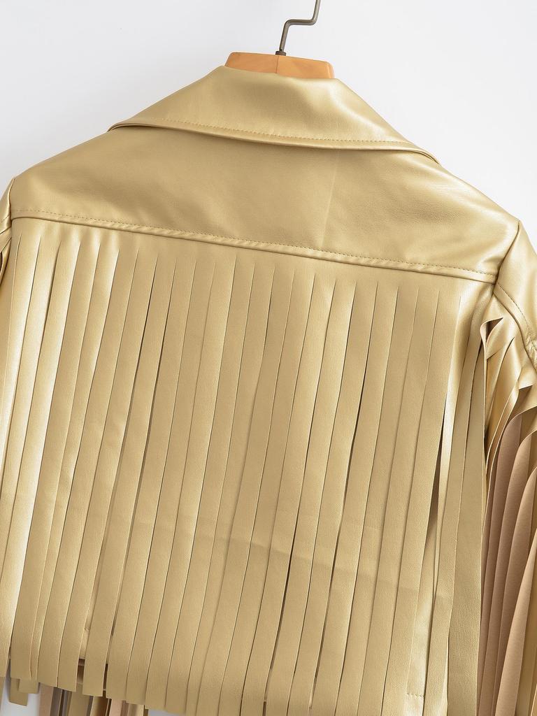 Женская уличная мода осень 2023 кожаная куртка с кисточками