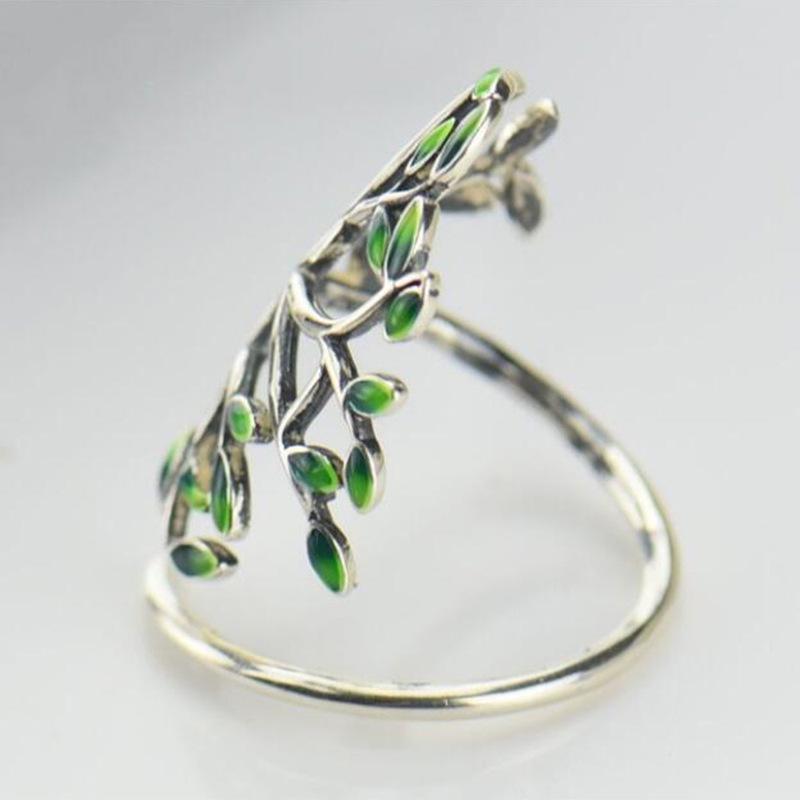 Fashion Vintage Hand Drip Glazed Green Leaf Branch Ring for Women Opening Adjustable Ring Jewelry ARI