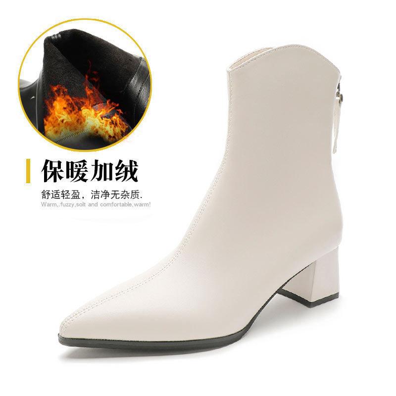 Тонкие сапоги на высоком каблуке 2024 года, новые осенне-зимние белые одинарные сапоги на толстом каблуке с застежкой-молнией сзади, средние остроносые французские короткие сапоги