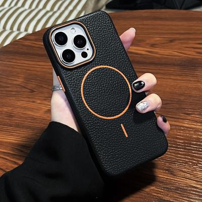 Подходит для Apple 16PRO Чехол для мобильного телефона из ТПУ с рисунком личи Тонкий круглый магнитный кожаный чехол для iPhone 15 Матовый защитный чехол