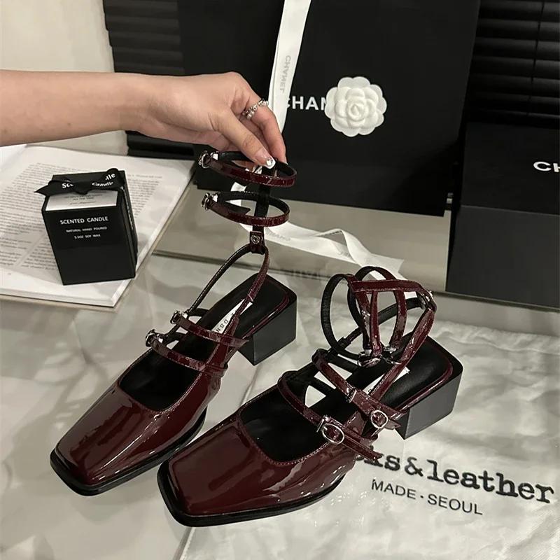 Summer Design Women Sandal Fashion Narrow Band Dress Square Heel Shoes Ladies Outdoor Patent Leather Mary Jane Shoes