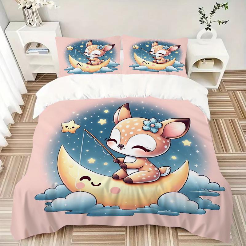 3pcs Little Sika Deer & Moon Printed Bedding Set, Soft and Comfortable Quilt Cover for Bedroom, Guest Room (1 Duvet Cover + 2 Pillowcases, P