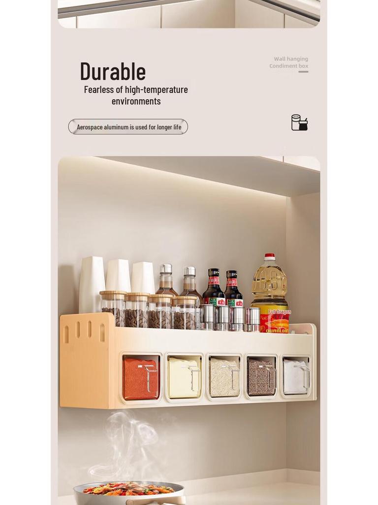 Wall-Mounted Cream Style Spice Rack with Seasoning Jars & Utensil Storage