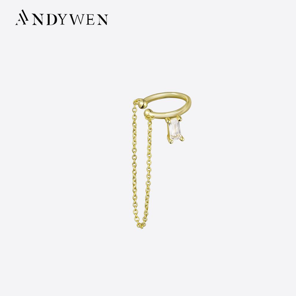 ANDYWEN 100% стерлингового серебра 925 пробы, золотые серьги-манжеты для ушей, серьги-цепочки, зажимы для сережек, циркон, фианиты, свадебные украшения, вечерние в стиле рок-панк