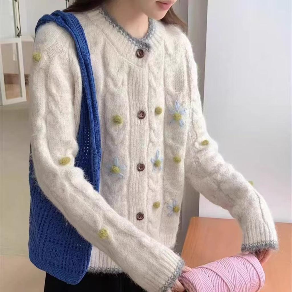 Autumn and Winter New Embroidered Sweater Jacket Loose and Gentle Knitted Cardigan Flower Round Neck Soft Waxy