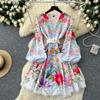 Spring Summer Women V-neck Print Lace Patchwork Mini Short Holiday Beach Dresses With Belt