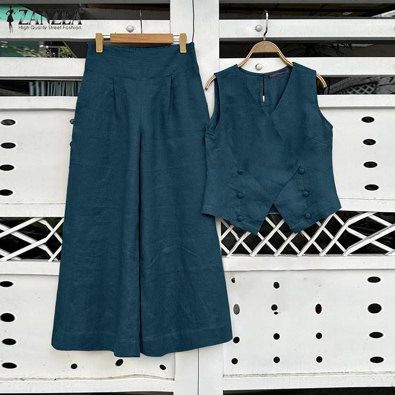ZANZEA Женские повседневные комплекты с v-образным вырезом без рукавов, однотонный свободный топ, широкие брюки