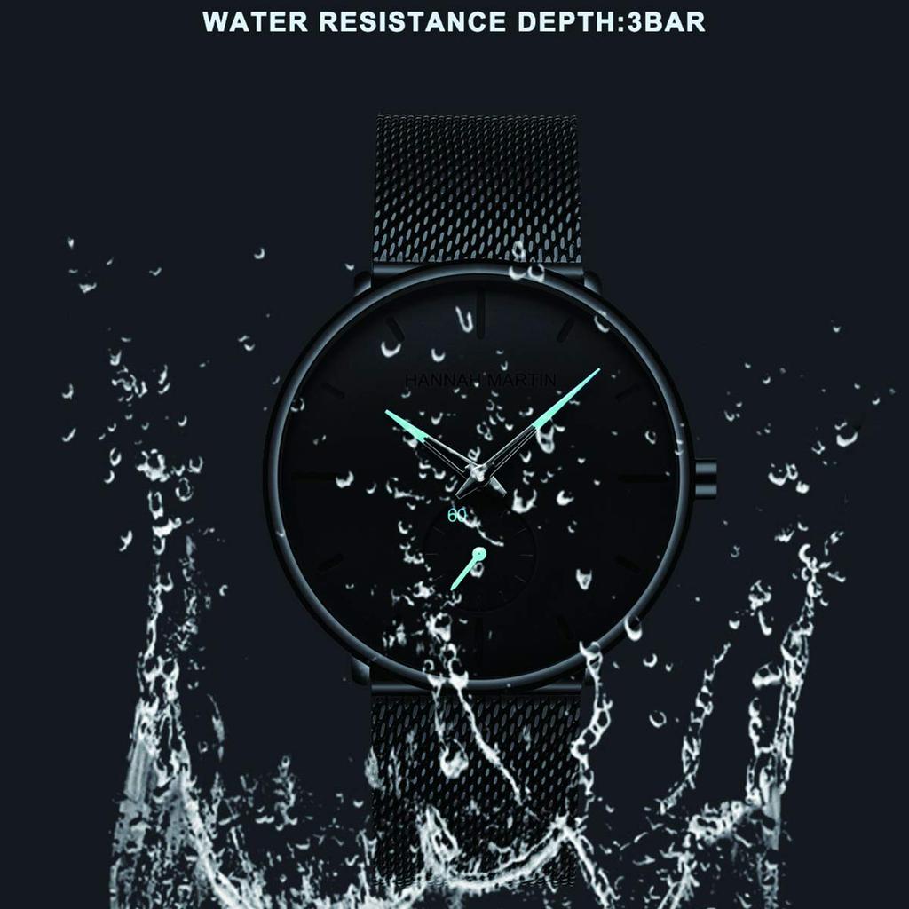 Мужские часы Hannah Martin, черные, ультратонкие, модные, водонепроницаемые, с браслетом из нержавеющей стали (синий)