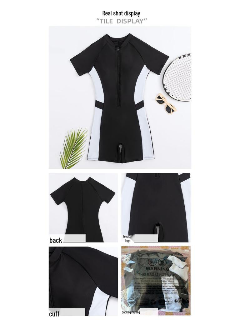 Women's Half Sleeve Color Block Zipper Swimsuit - High Elasticity & Conservative Surfing Suit