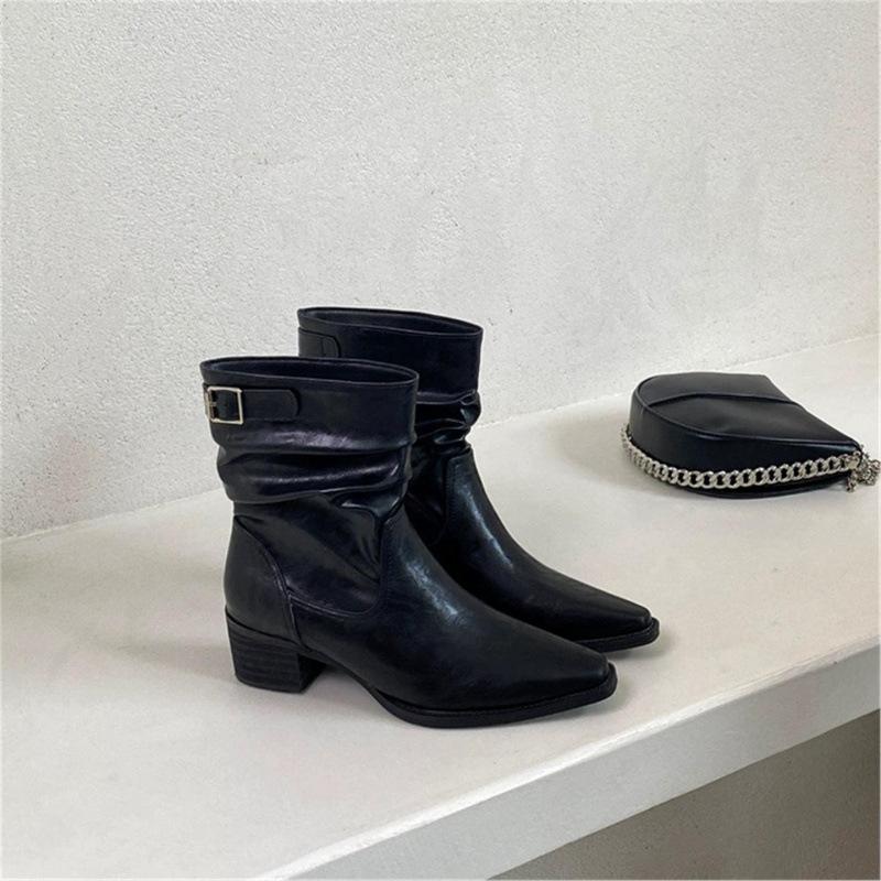 2025 Autumn and Winter New Fashion Retro Pointed Pleated Piled Boots Femininity Thick Heel Western Cowboy Boots