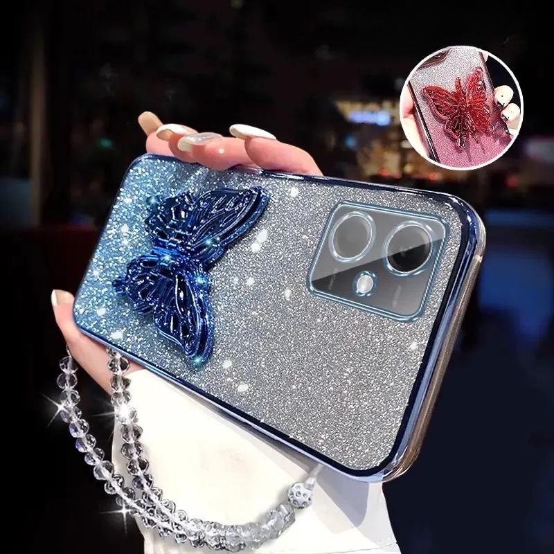 3D Держатель для телефона в виде бабочки, Хрустальный браслет, Блестящий чехол с покрытием для Xiaomi Redmi Note 12 Pro Plus 4G 5G, Задняя крышка