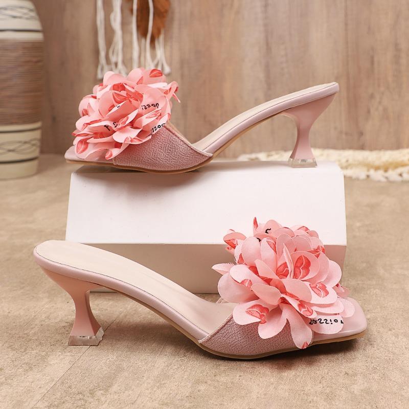 Fashion Explosive Flower Slippers with Thin Heels Women's Summer New Square Toe Open Toe One-slip Anti-slip Wear-resistant High Heels