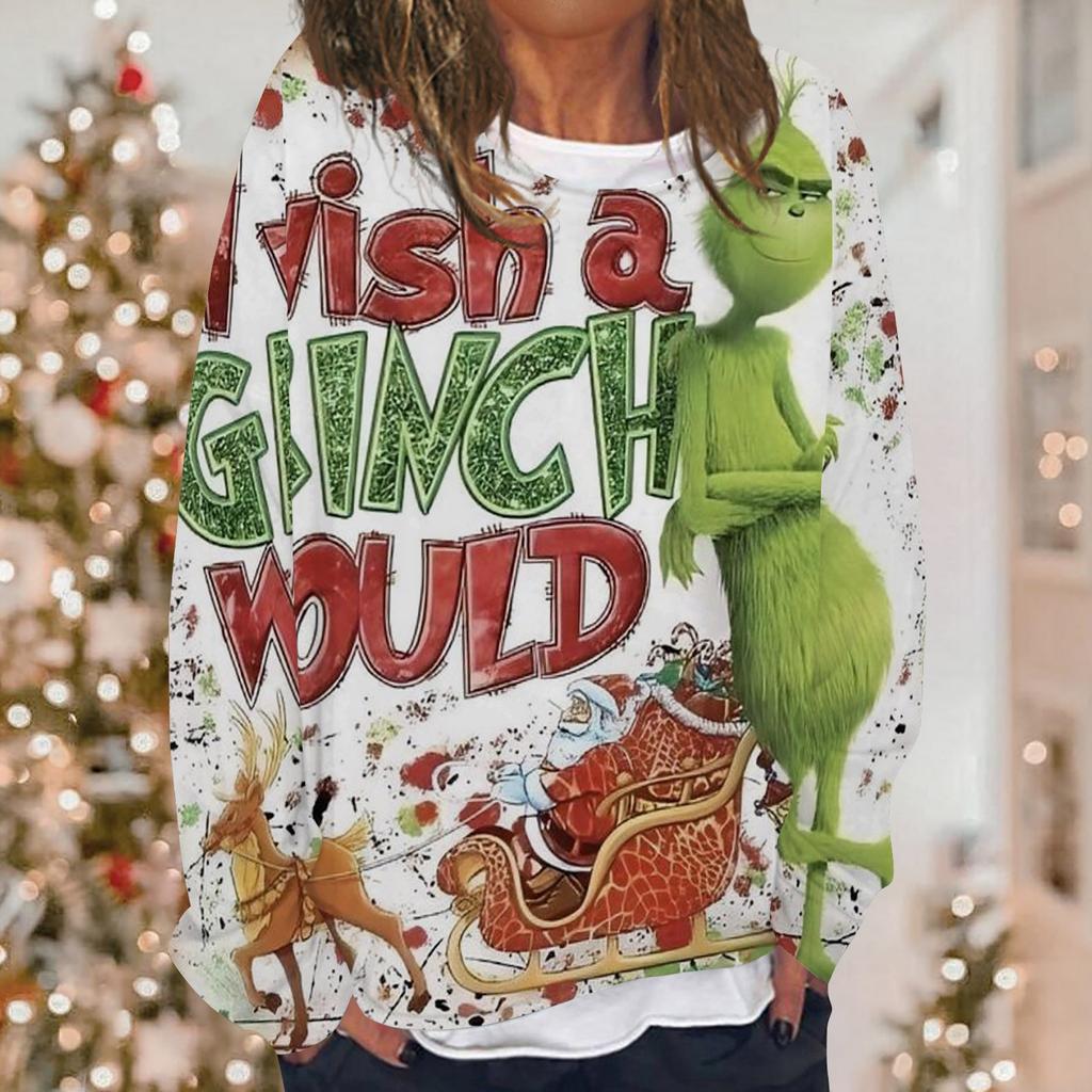 Женская повседневная модная толстовка с длинным рукавом и круглым вырезом с рождественским принтом, многослойный пуловер, топ