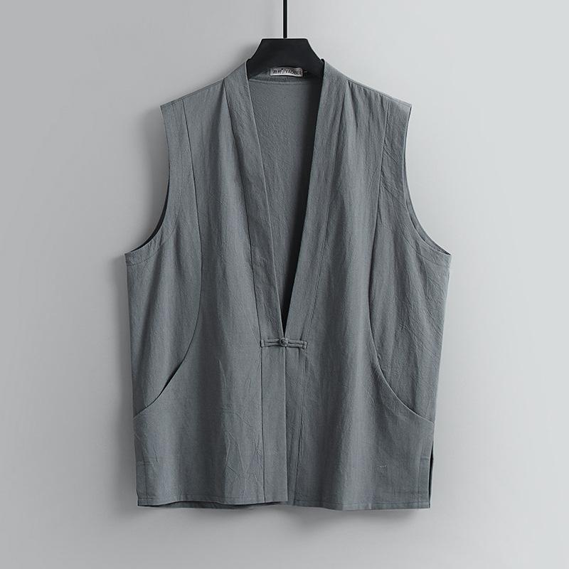 Men's Large Size Clothing  Linen Chinese Style Summer V-neck Vest Men 'S Summer And Autumn Multi -Pocket Thin Tooling Vest Plus Size