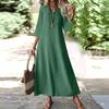 Женская мода V-образный вырез рукав семь карман однотонный молния повседневный отпуск длинные хлопково-льняные платья