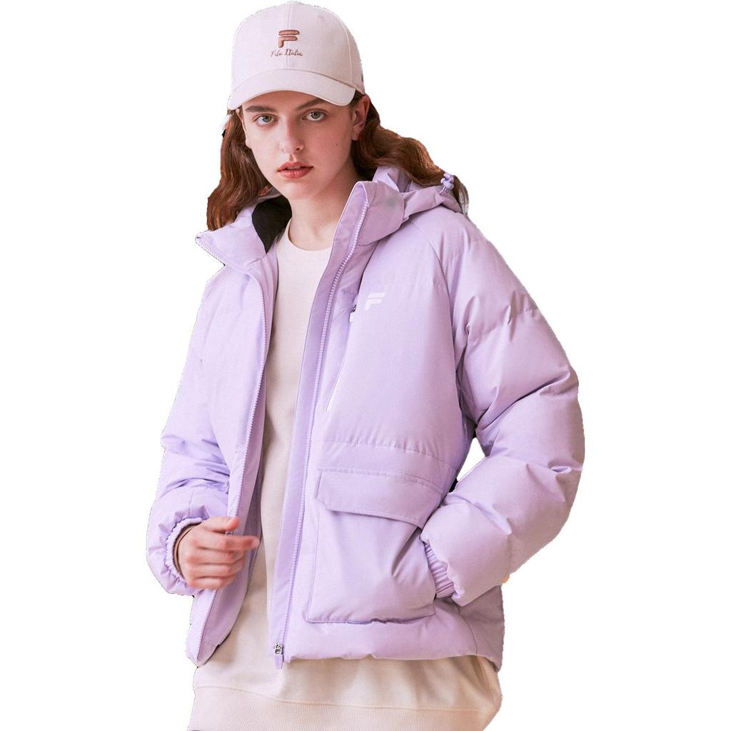 Fila Fusion Женская утепленная ветрозащитная длинная куртка с капюшоном на молнии, с буквенным принтом, цвет Светло-лавандовый T11W316904F-VT