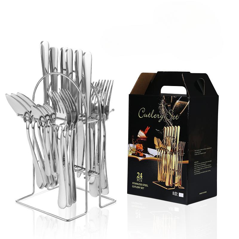 Stainless Steel Tableware 24 Pieces Suit Western Food Four Main Pieces Knife, Fork and Spoon with Storage Rack Gift Set Suit