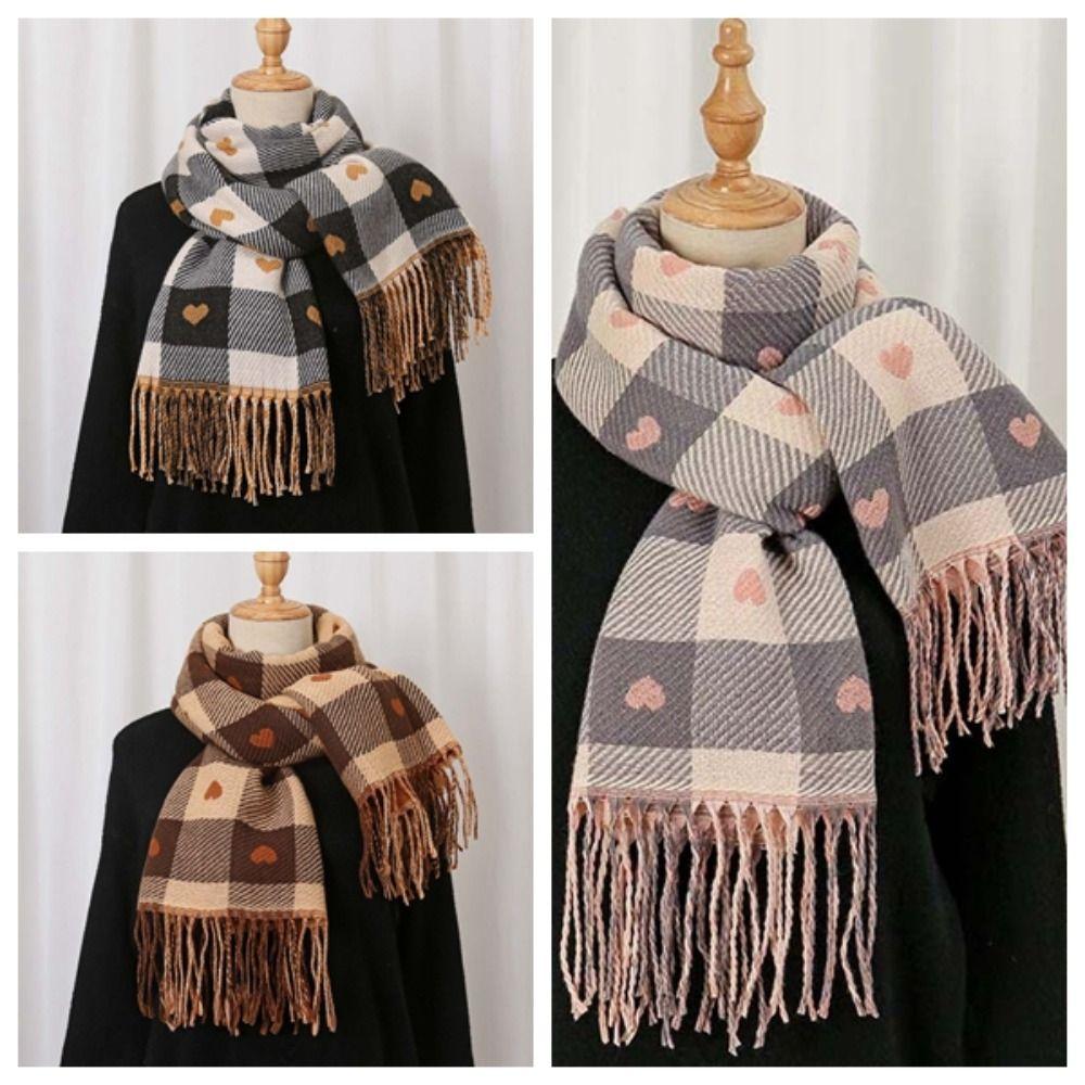 Long Heart Thickened Scarf Acrylic Fibers Tassel Shawl Large Plaid Knitted Scarf Autumn