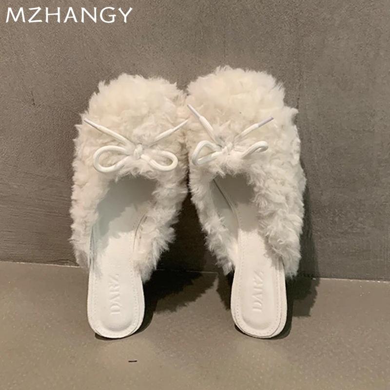 Модные женские меховые хлопковые тапочки зимние туфли на среднем каблуке с бантом женские 2025 трендовые элегантные туфли-лодочки неглубокое платье новые хлопковые туфли шлепанцы