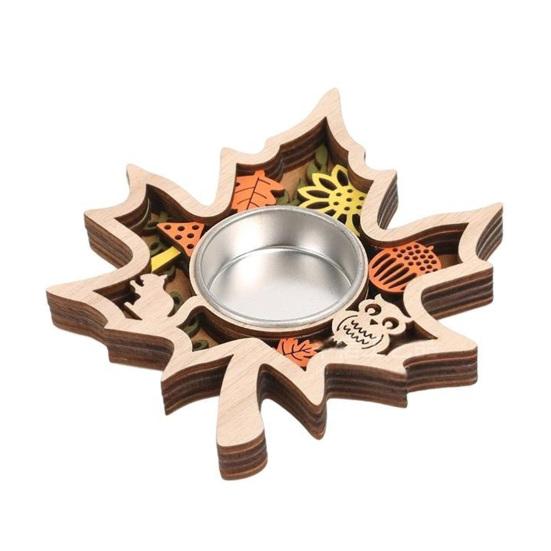 Wooden Candle Plate Holder Tray Tabletop Tealight Pillar Display Tray Wood Pumpkin Bat Ghost Maple Leaf Table Centerpiece for Halloween Thanksgiving