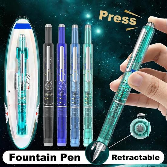 Retractable Fountain Pen Fine Nib Set 0.38mm Black/Blue Ink Transparent Barrel Pen with 5 Refillable Ink Cartridges for Sketching Journaling